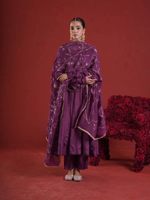 Royal Plum Silk Zari & Sequin Embroidered Anarkali with Zari Jaal Organza Dupatta