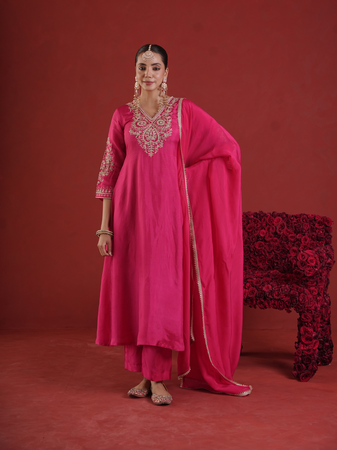 Pink Silk Zari & Sequin Embroidered Kurta Pant Set with Dupatta