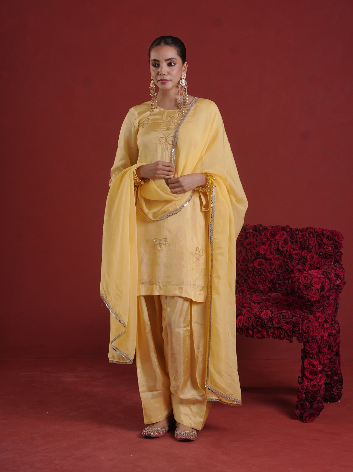 Butter Yellow Silk Kurta with Farsi Salwar & Organza Dupatta