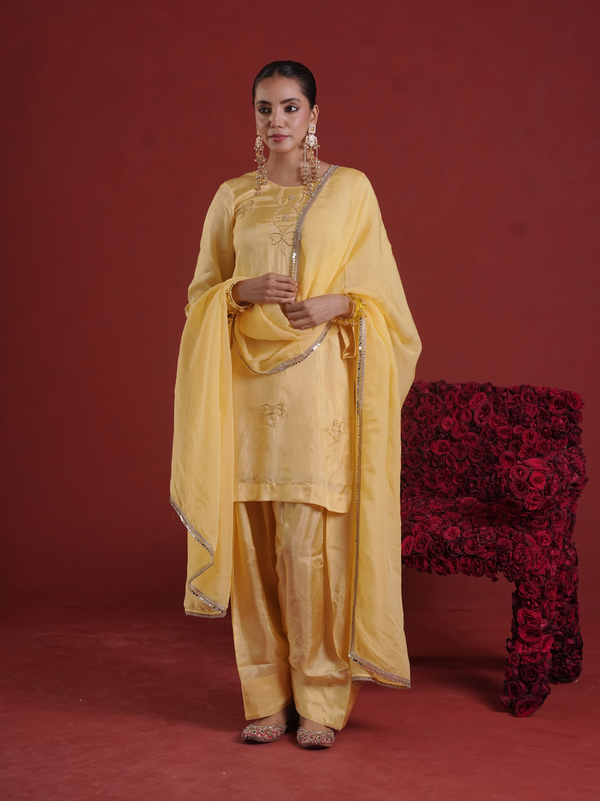 Butter Yellow Silk Kurta with Farsi Salwar & Organza Dupatta