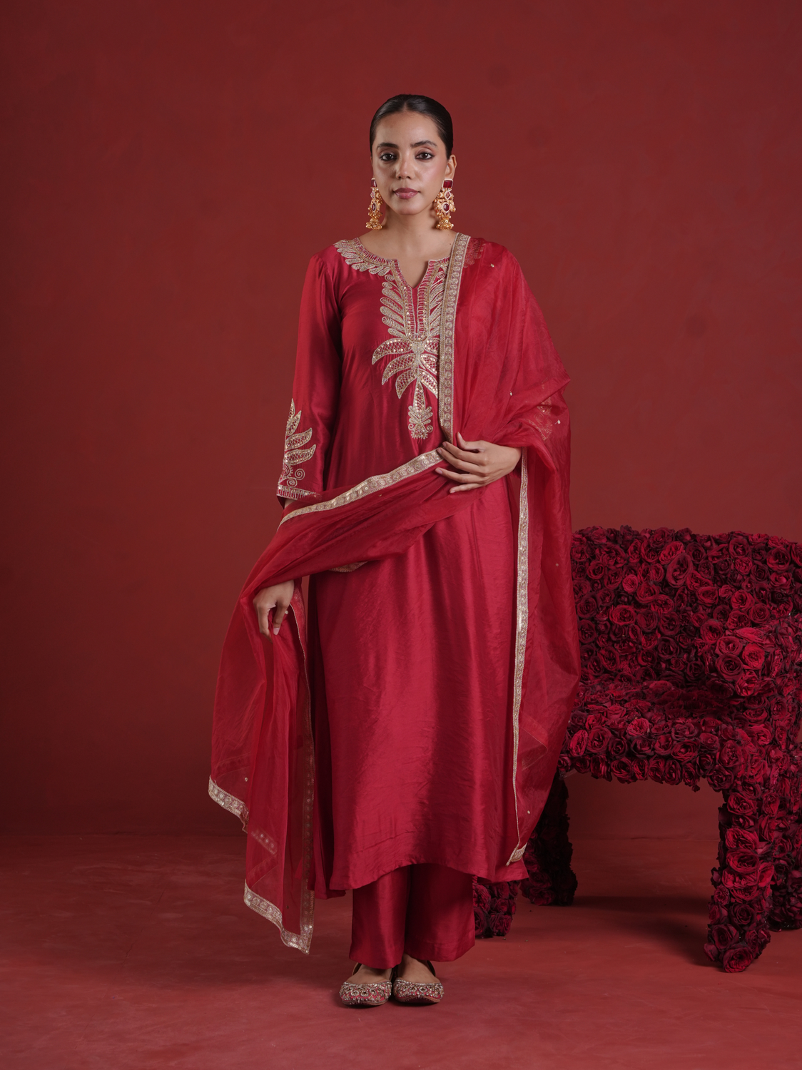 Maroon Chanderi Sequin-Zari Kurta Set with Organza Dupatta