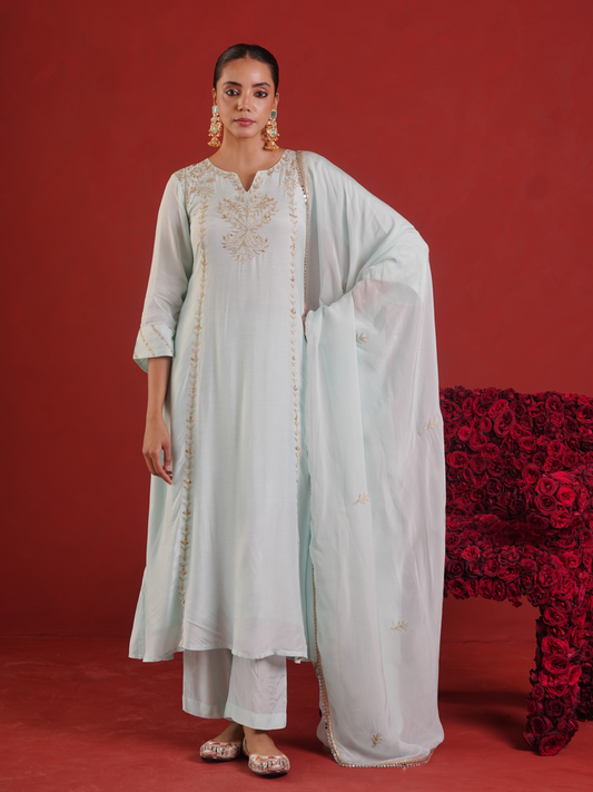 Ivory Mist Silk Zari Hand-Embroidered Kurta Set with Dupatta