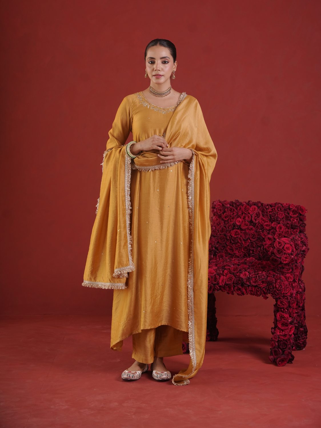 Mustard Chanderi Zari & Sequin Embroidered Kurta Pant Set with Dupatta