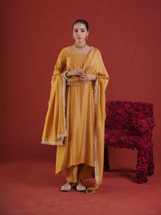Mustard Chanderi Zari & Sequin Embroidered Kurta Pant Set with Dupatta