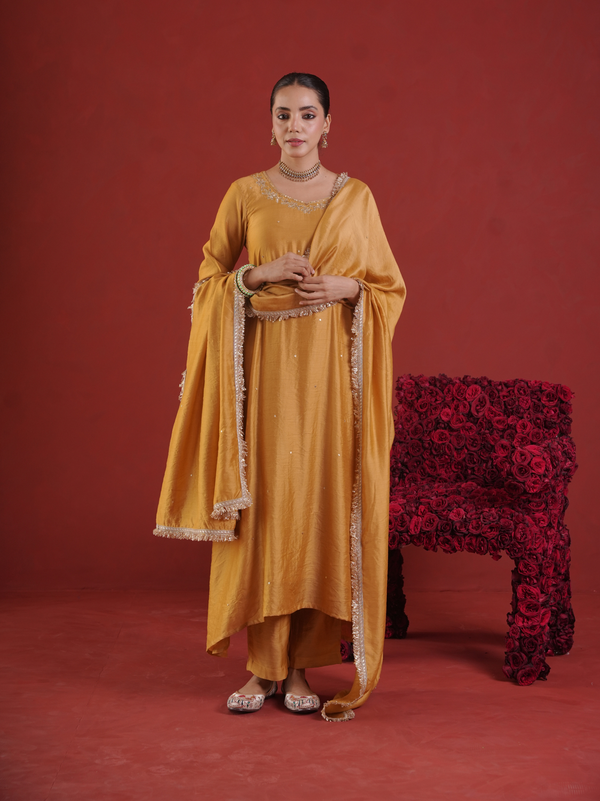 Mustard Chanderi Zari & Sequin Embroidered Kurta Pant Set with Dupatta