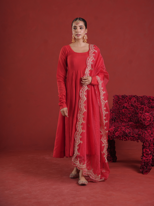 Red Chanderi Anarkali with Embroidered Zari Pants & Organza Dupatta