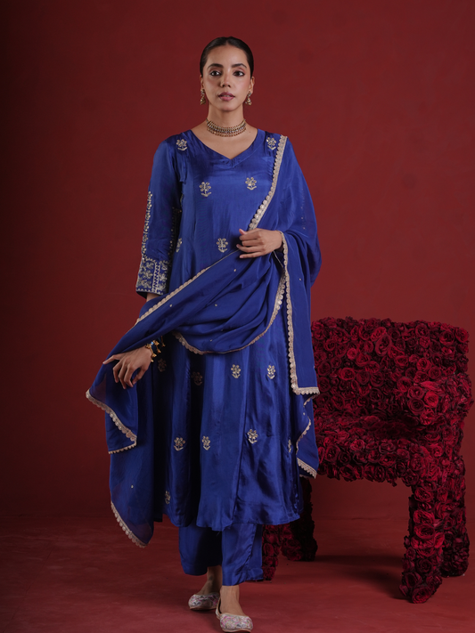 Royal Blue Aari & Sequin Embroidered Silk Kurta Set with Organza Dupatta