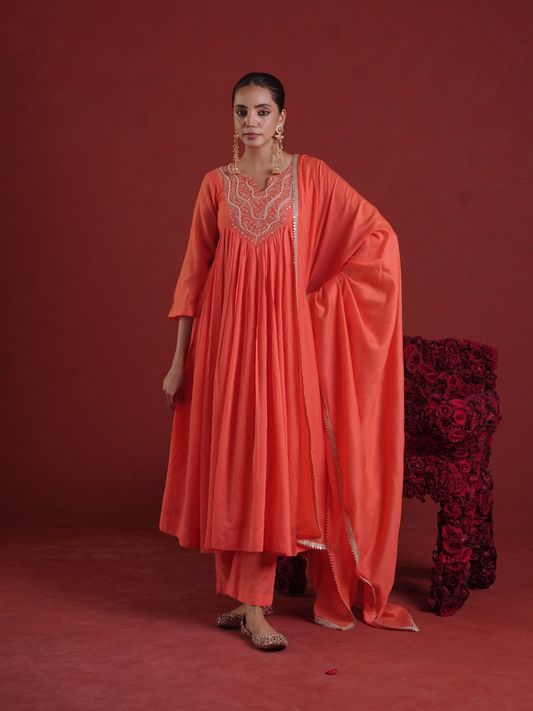 Orange Chanderi Zari Hand-Embroidered Kurta Set with Dupatta