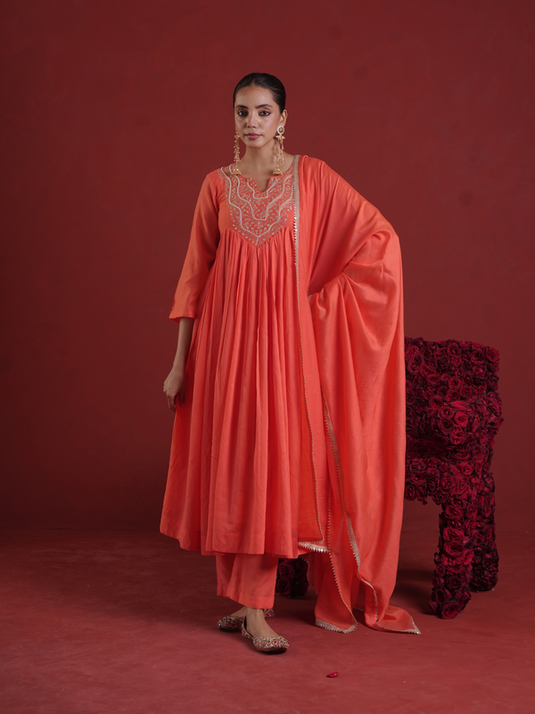 Orange Chanderi Zari Hand-Embroidered Kurta Set with Dupatta