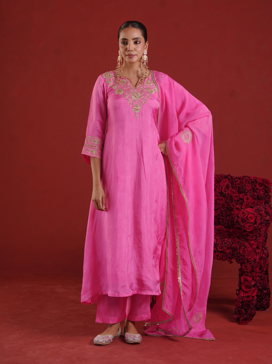Pink Zari Embroidered Silk Kurta with Dupatta
