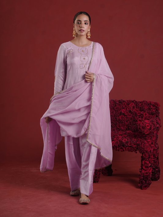 Lavender Silk Kurta With Farsi Salwar & Organza Dupatta