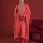 Peach Silk Kurta Set with Hand-Embellished Organza Dupatta