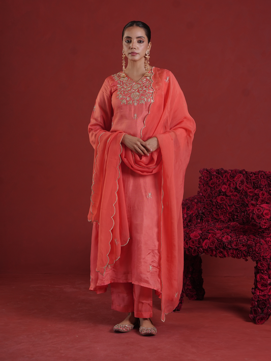 Peach Silk Kurta Set with Hand-Embellished Organza Dupatta