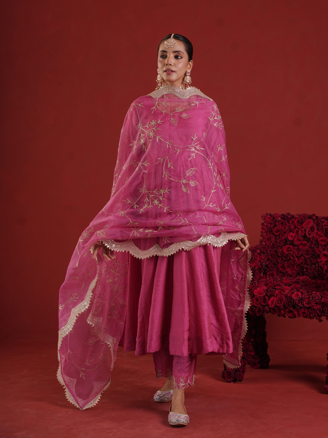 Rose Pink Chanderi Anarkali Set with Zari Jaal Organza Dupatta