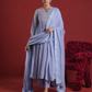 Powder Blue Zari Sequin Chanderi Gathered Kurta Set with Organza Dupatta