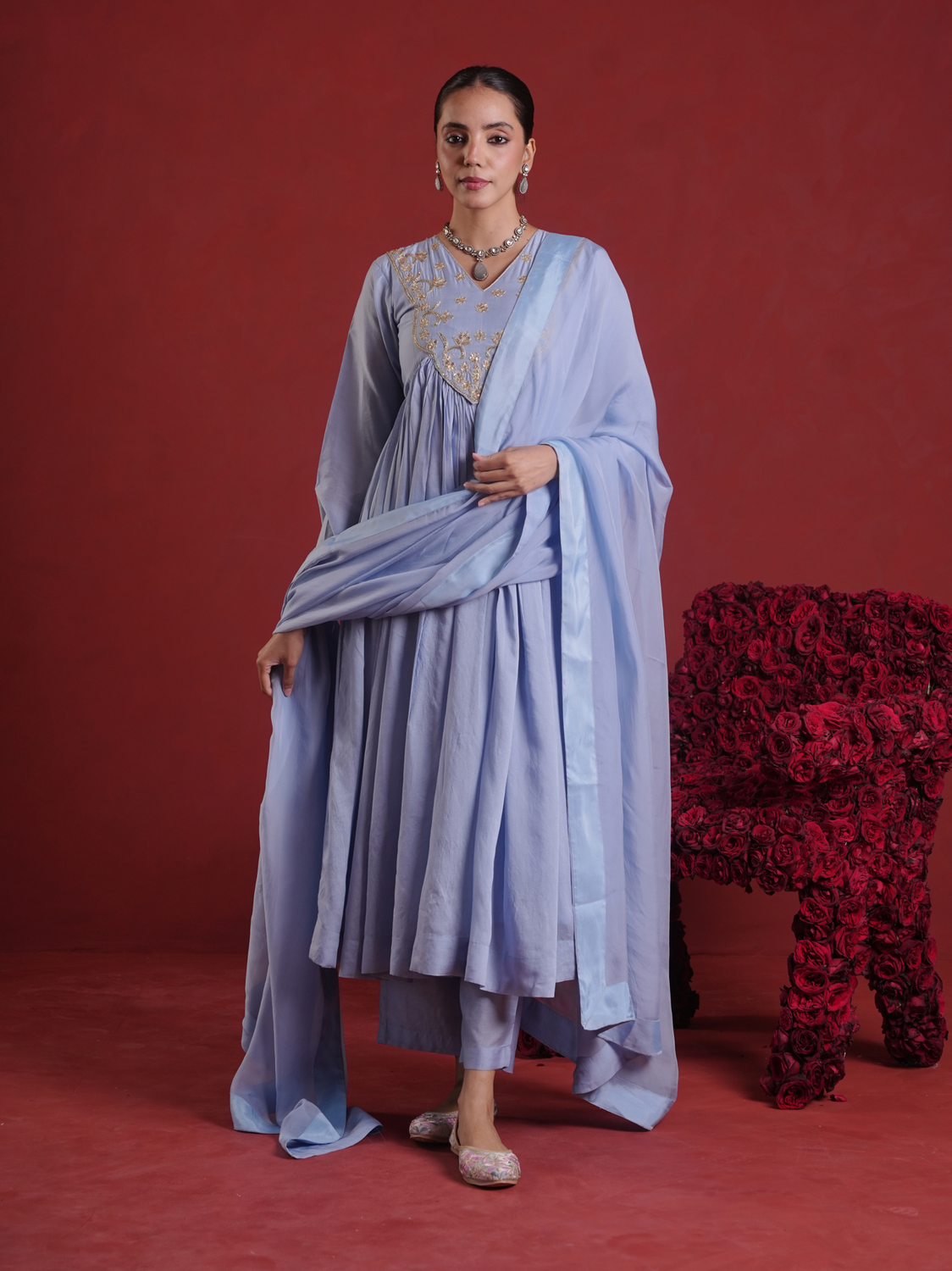 Powder Blue Zari Sequin Chanderi Gathered Kurta Set with Organza Dupatta