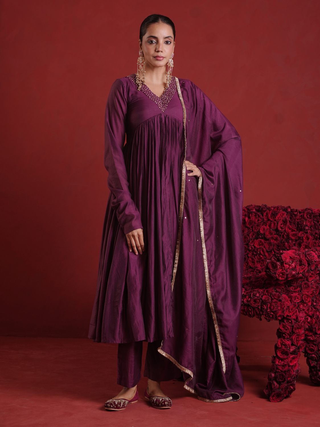Deep Purple Sequin Embellished Chanderi Kurta Set with Dupatta