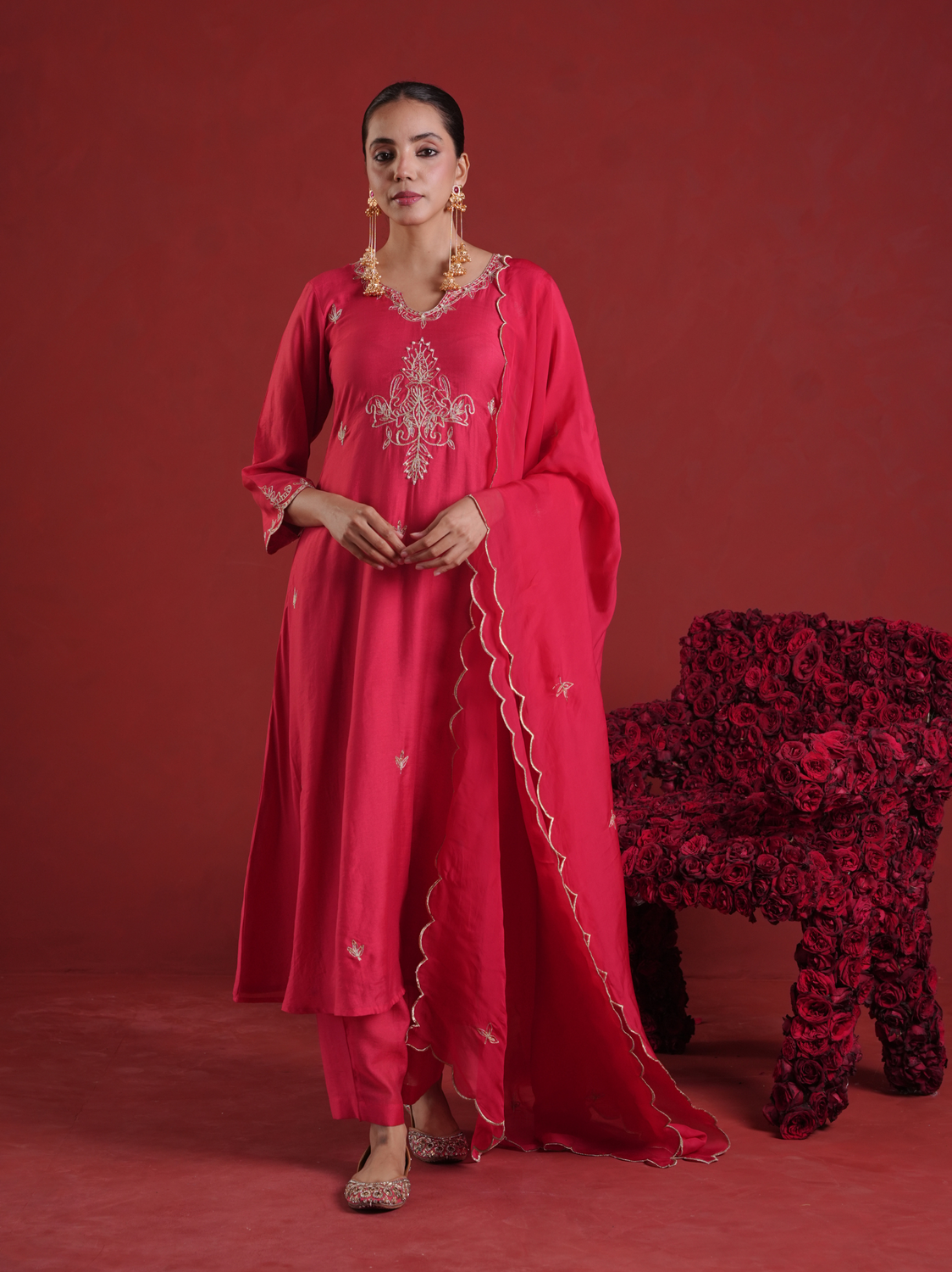 Ruby Red Pearl Embellished Chanderi Kurta Set with Organza Dupatta