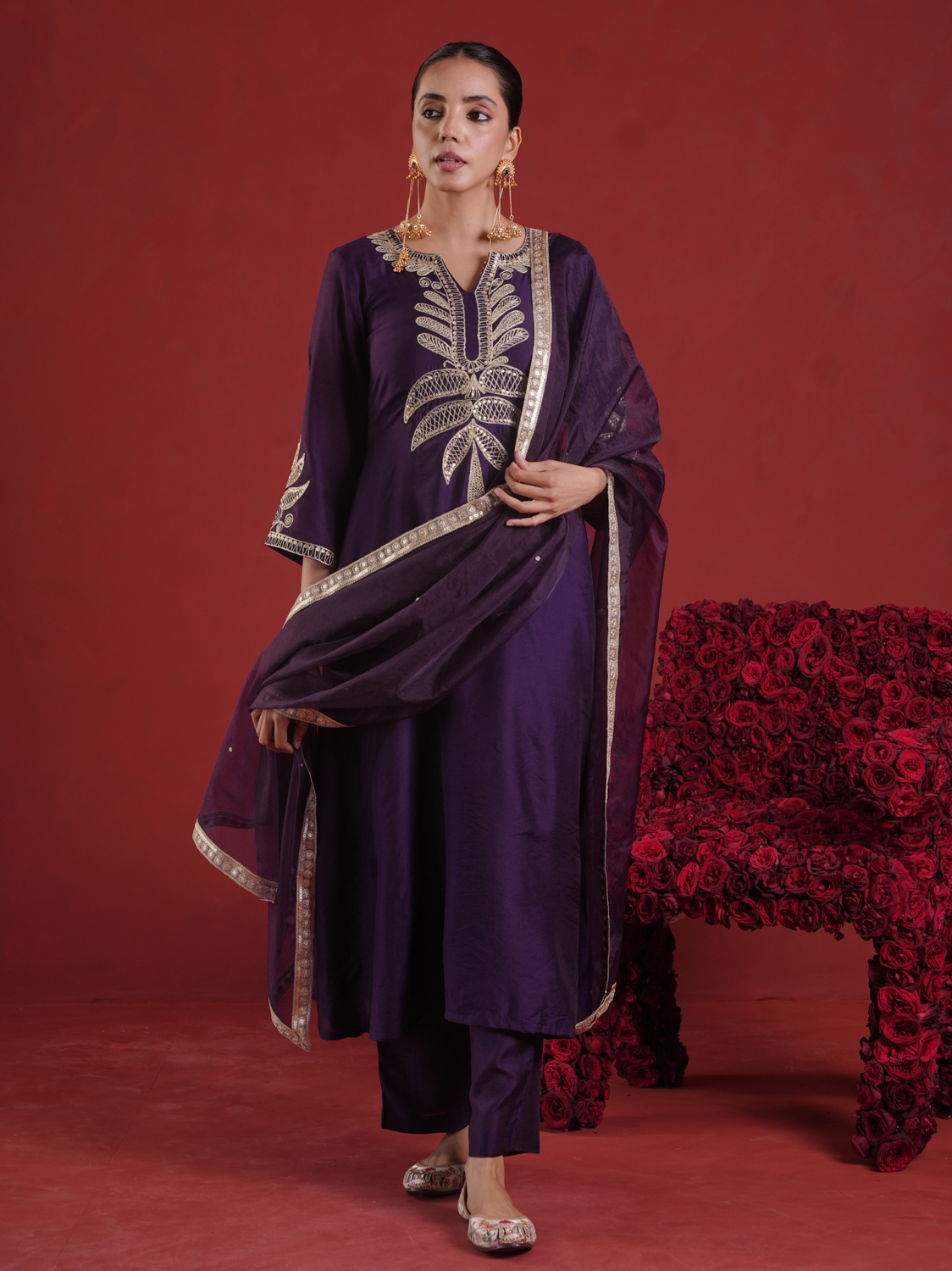 Purple Chanderi Sequin-Zari Kurta Set with Organza Dupatta