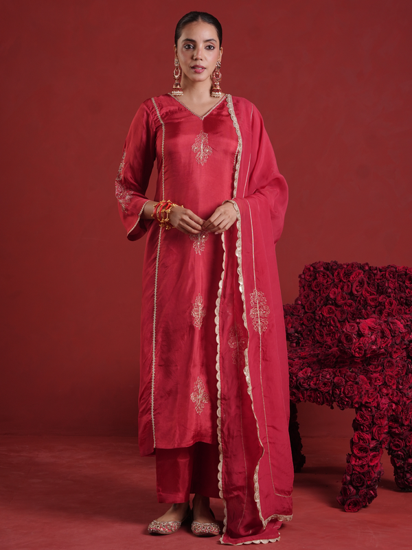 Maroon Zari Sequin Motif Silk Straight Kurta Set