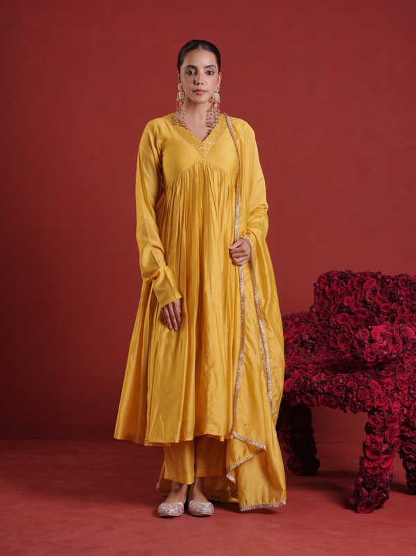 Amber Mustard Sequin Embellished Chanderi Kurta Set with Dupatta