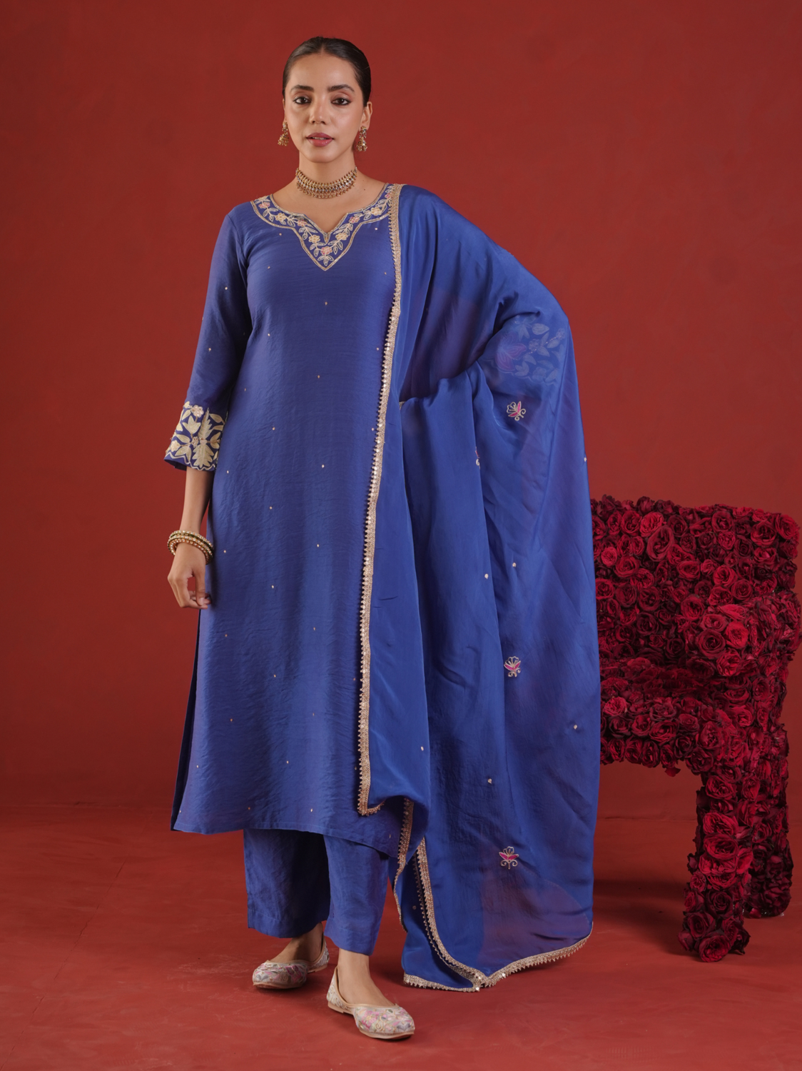 Royal Blue Chanderi Embroidered Kurta Pant Set with Organza Dupatta