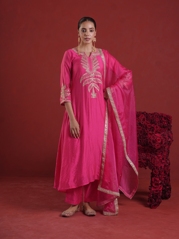 Fuchsia Pink Chanderi Sequin-Zari Kurta Set with Organza Dupatta