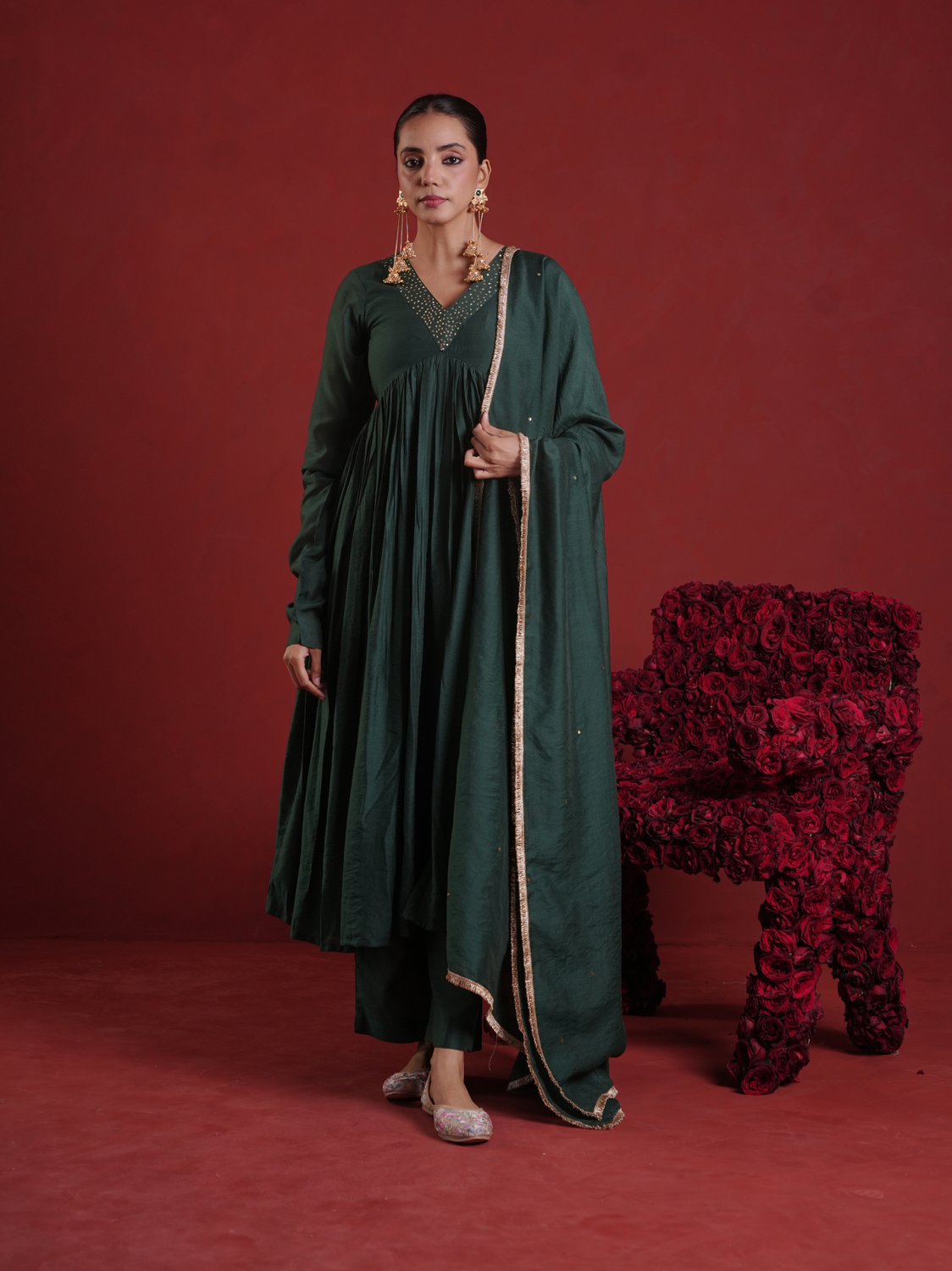 Emerald Green Sequin Embellished Chanderi Kurta Set with Dupatta