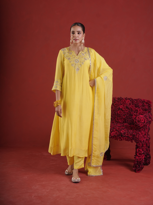Sunlit Yellow Silk Zari Kurta Set with Organza Dupatta