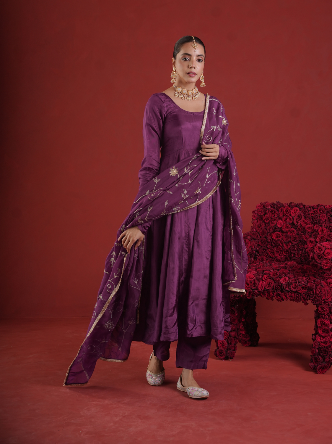 Royal Plum Silk Zari & Sequin Embroidered Anarkali with Zari Jaal Organza Dupatta