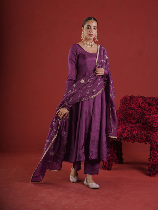 Royal Plum Silk Zari & Sequin Embroidered Anarkali with Zari Jaal Organza Dupatta