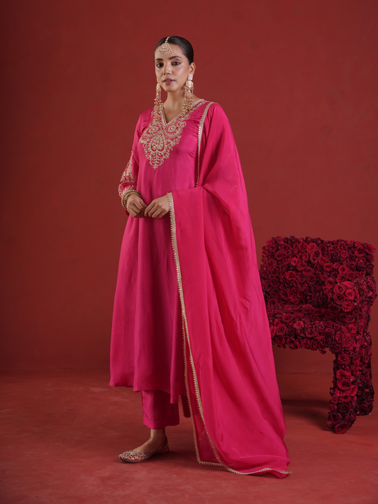 Pink Silk Zari & Sequin Embroidered Kurta Pant Set with Dupatta