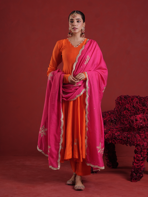 Orange Chanderi Anarkali Kurta Set with Pink Zari Sequin Dupatta