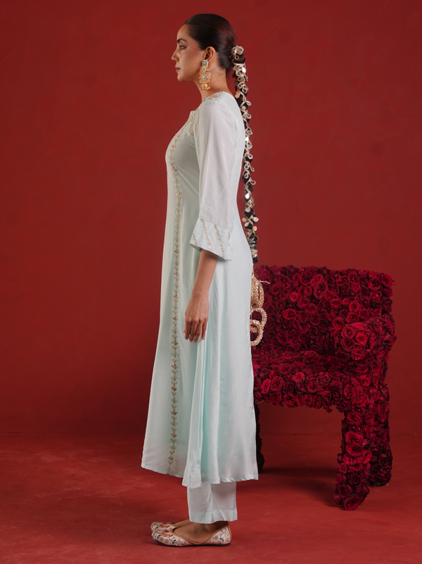 Ivory Mist Silk Zari Hand-Embroidered Kurta Set with Dupatta