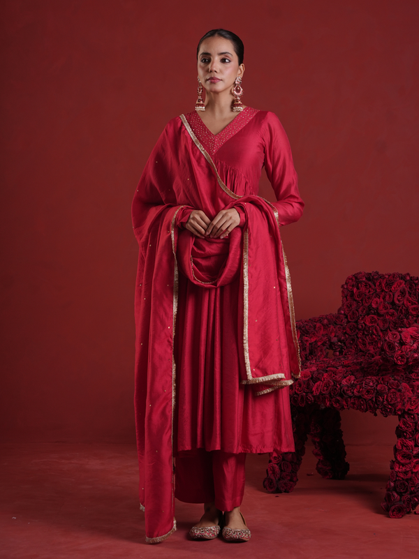 Maroon Sequin Embellished Chanderi Kurta Set with Dupatta