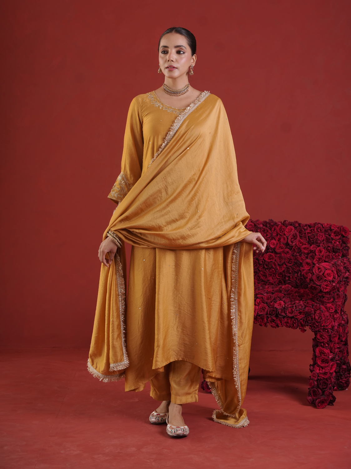 Mustard Chanderi Zari & Sequin Embroidered Kurta Pant Set with Dupatta