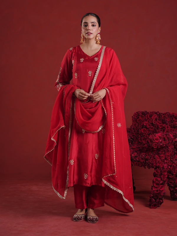 Red Silk Aari & Sequin Embroidered Silk Kurta Set with Organza Dupatta