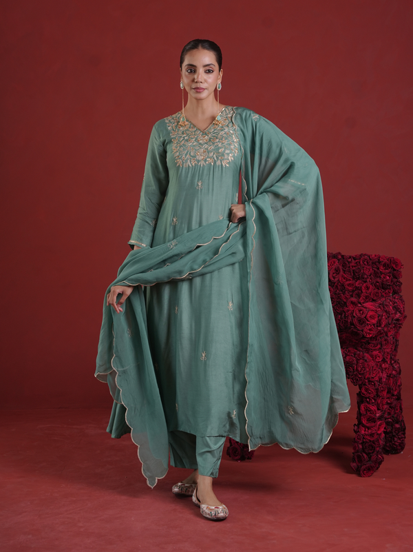 Sage Green Silk Kurta Set with Hand-Embellished Organza Dupatta