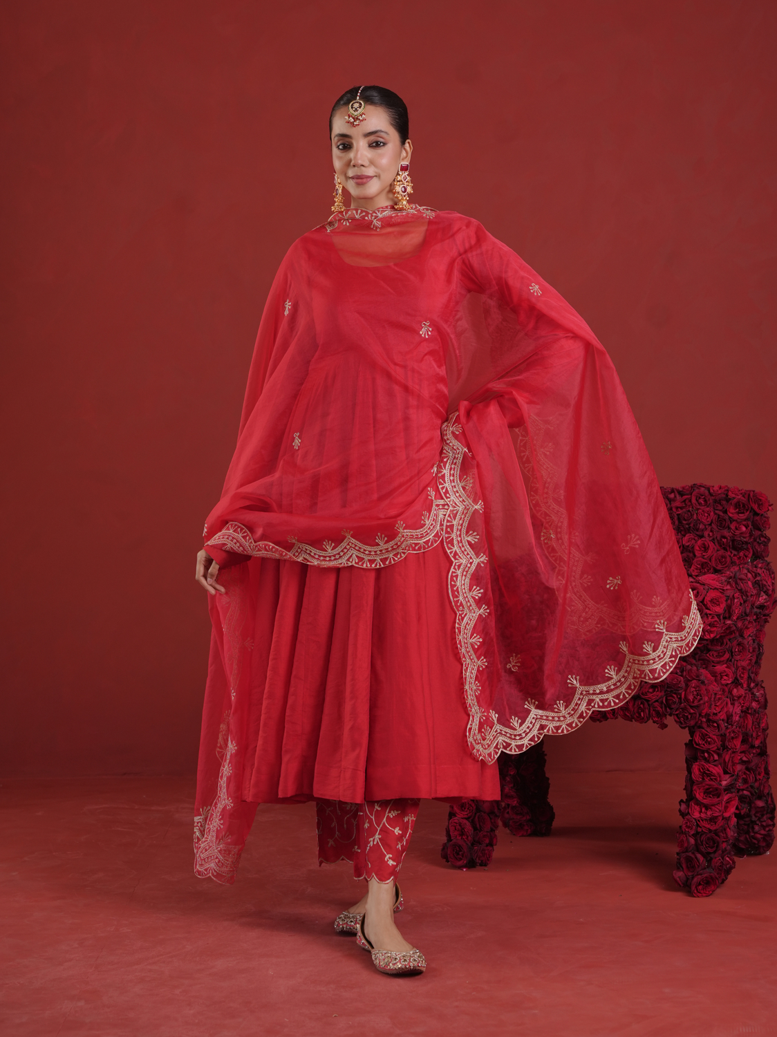 Red Chanderi Anarkali with Embroidered Zari Pants & Organza Dupatta