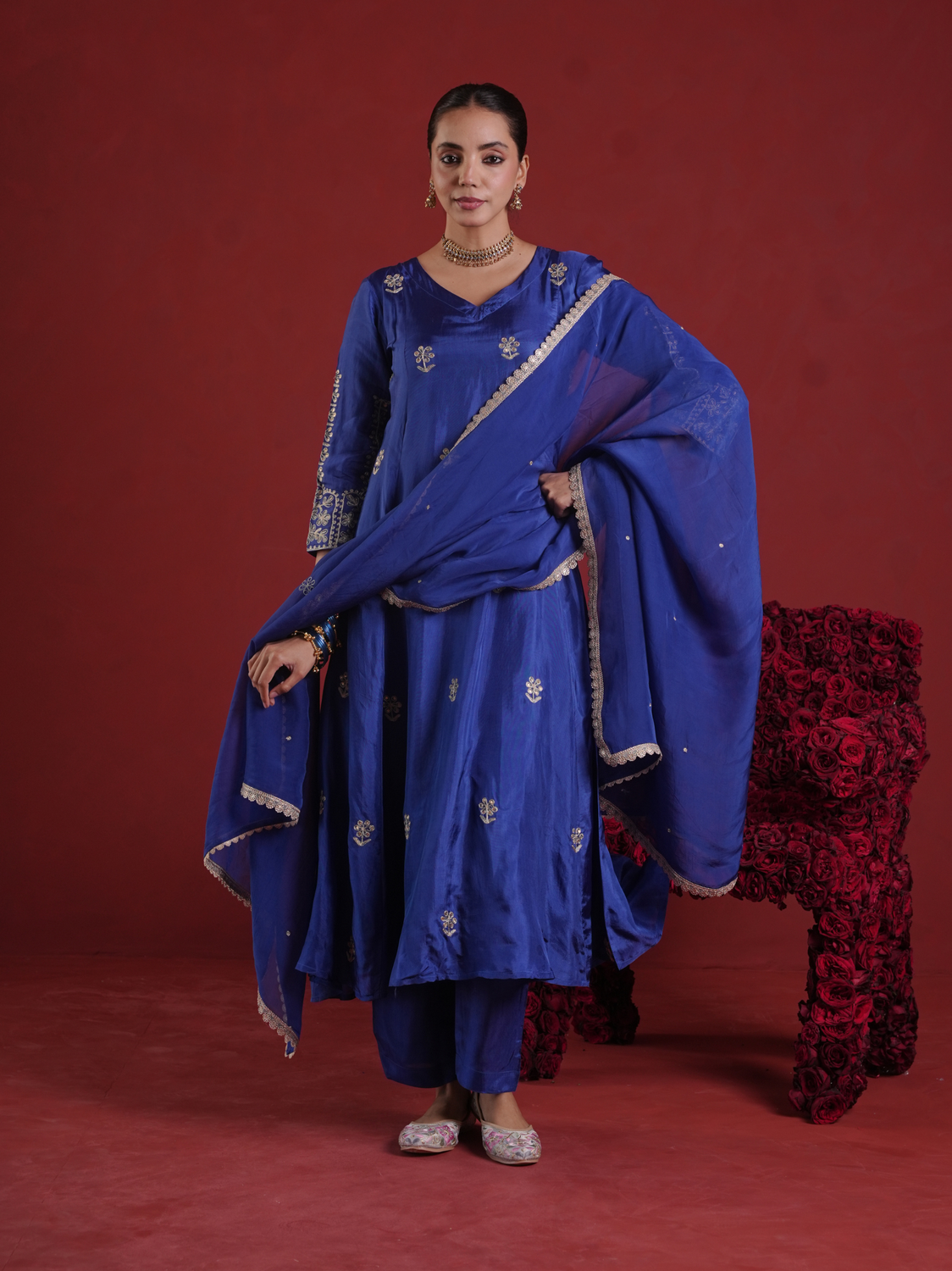Royal Blue Aari & Sequin Embroidered Silk Kurta Set with Organza Dupatta