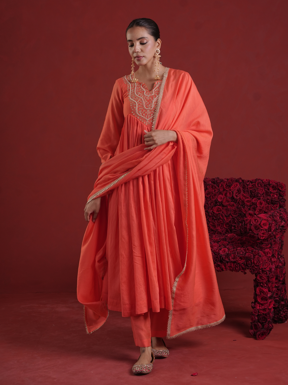 Orange Chanderi Zari Hand-Embroidered Kurta Set with Dupatta