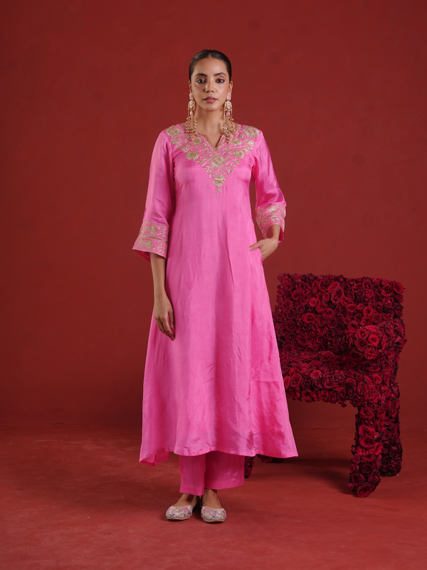 Pink Zari Embroidered Silk Kurta with Dupatta
