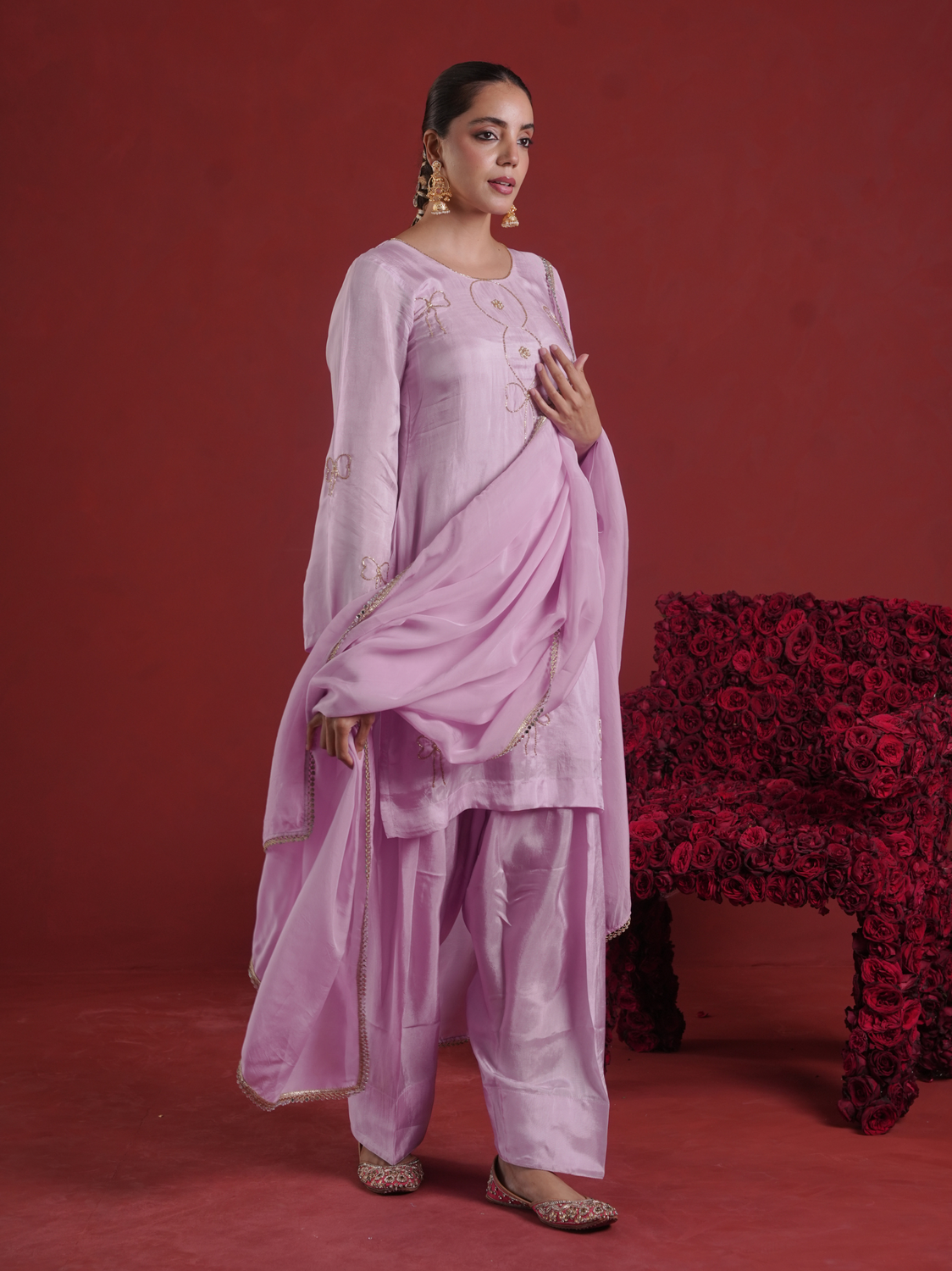 Lavender Silk Kurta With Farsi Salwar & Organza Dupatta