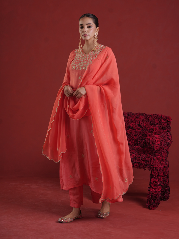Peach Silk Kurta Set with Hand-Embellished Organza Dupatta