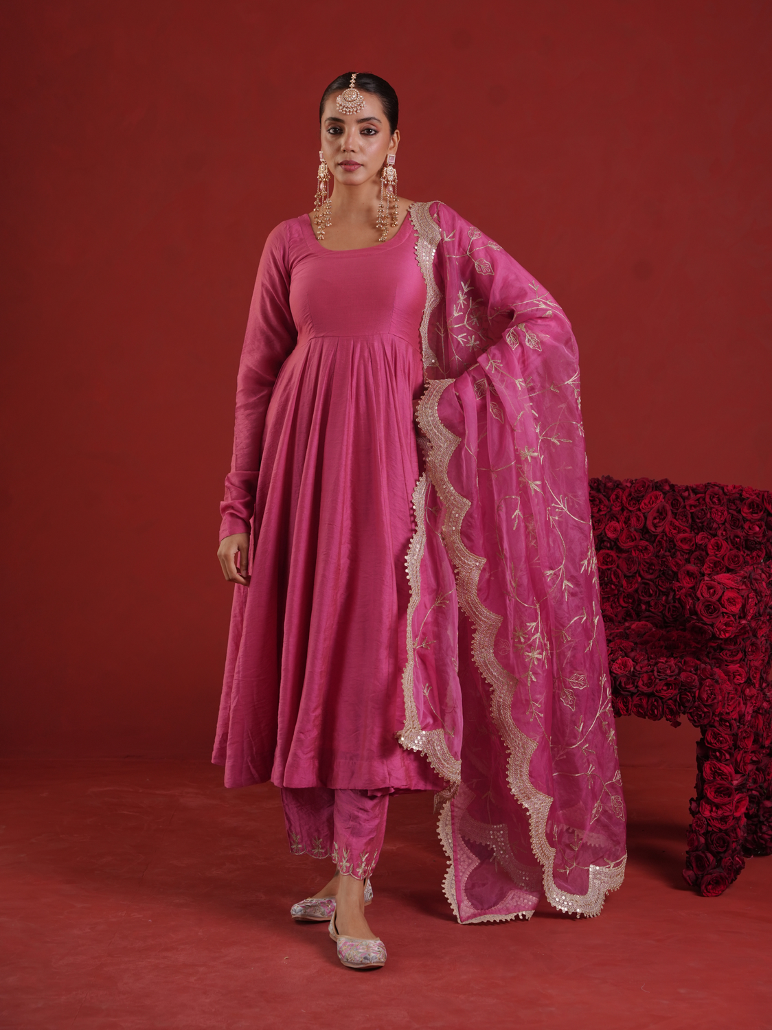 Rose Pink Chanderi Anarkali Set with Zari Jaal Organza Dupatta