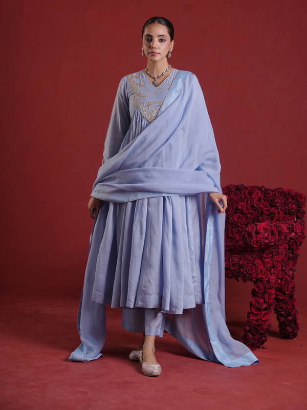 Powder Blue Zari Sequin Chanderi Gathered Kurta Set with Organza Dupatta