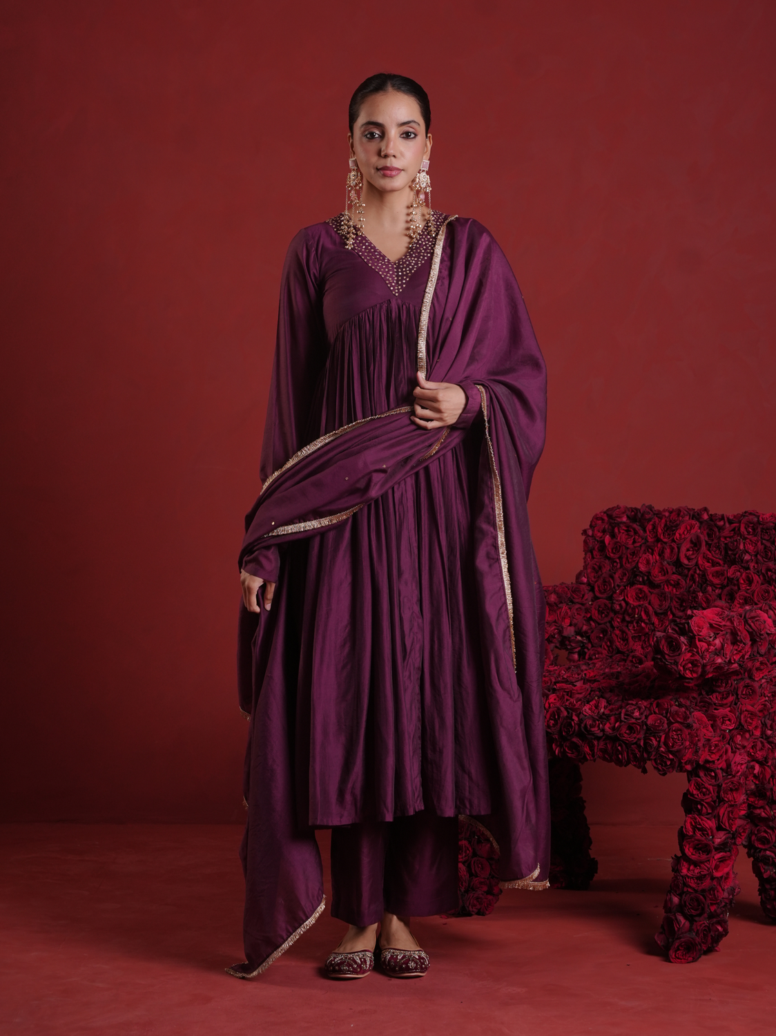 Deep Purple Sequin Embellished Chanderi Kurta Set with Dupatta