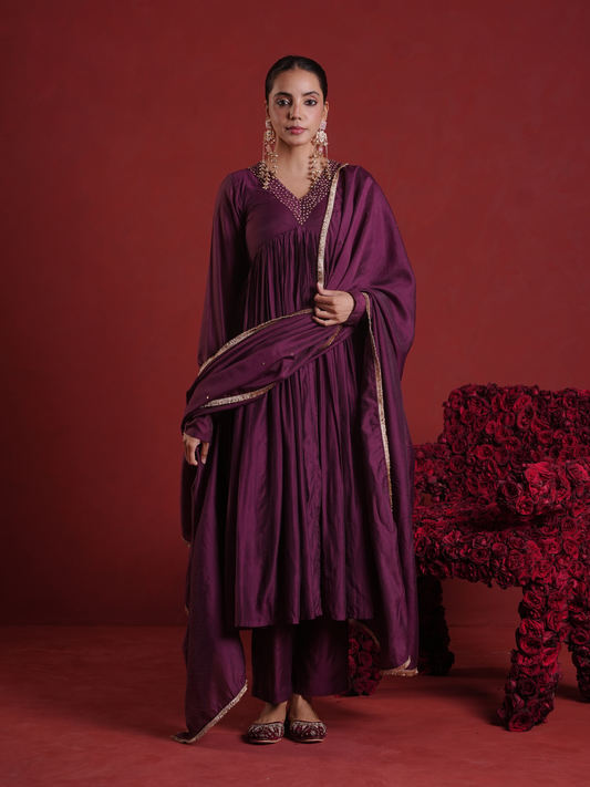Deep Purple Sequin Embellished Chanderi Kurta Set with Dupatta