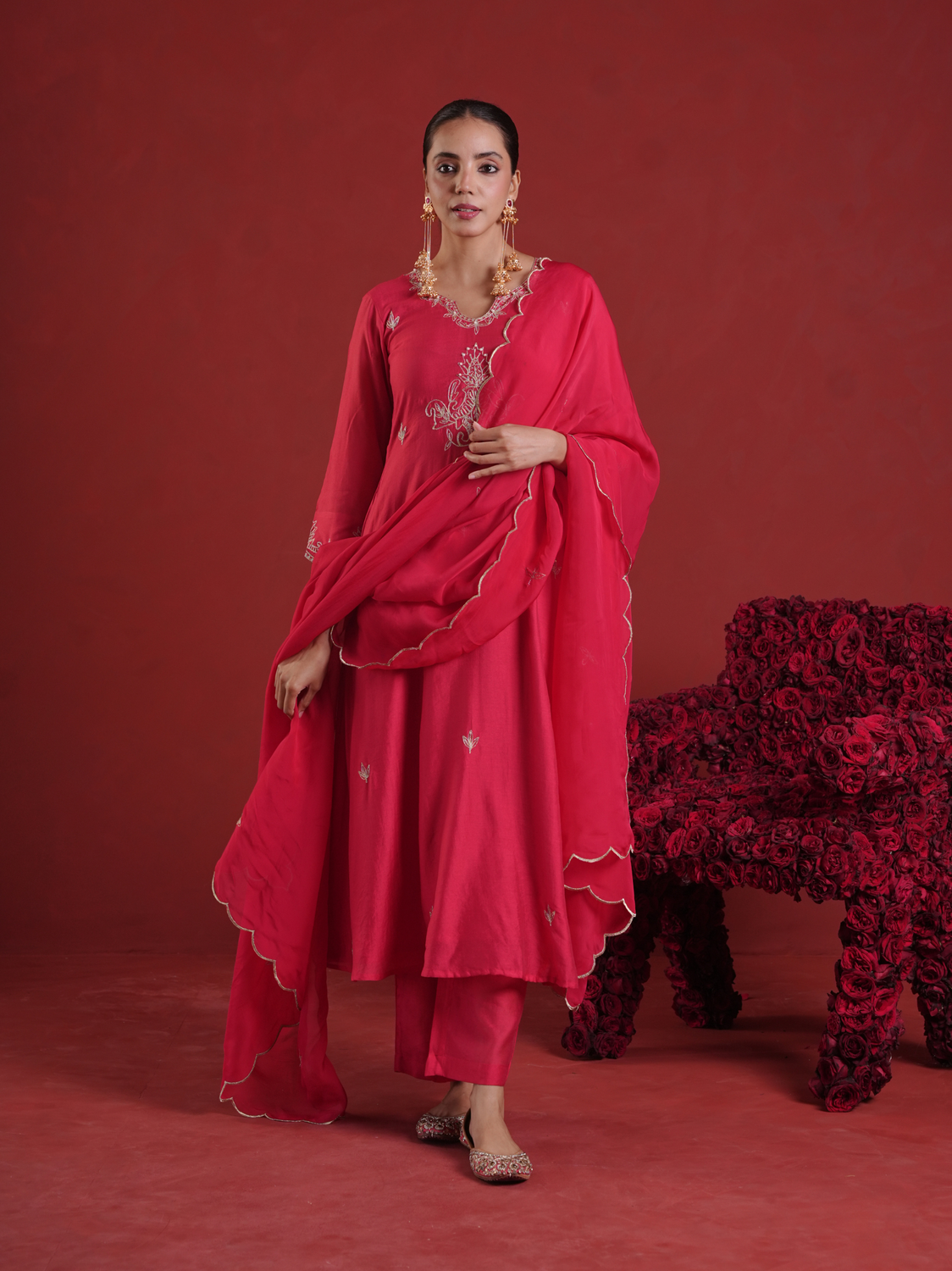 Ruby Red Pearl Embellished Chanderi Kurta Set with Organza Dupatta