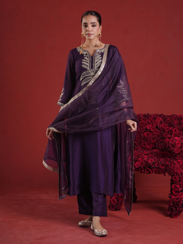 Purple Chanderi Sequin-Zari Kurta Set with Organza Dupatta